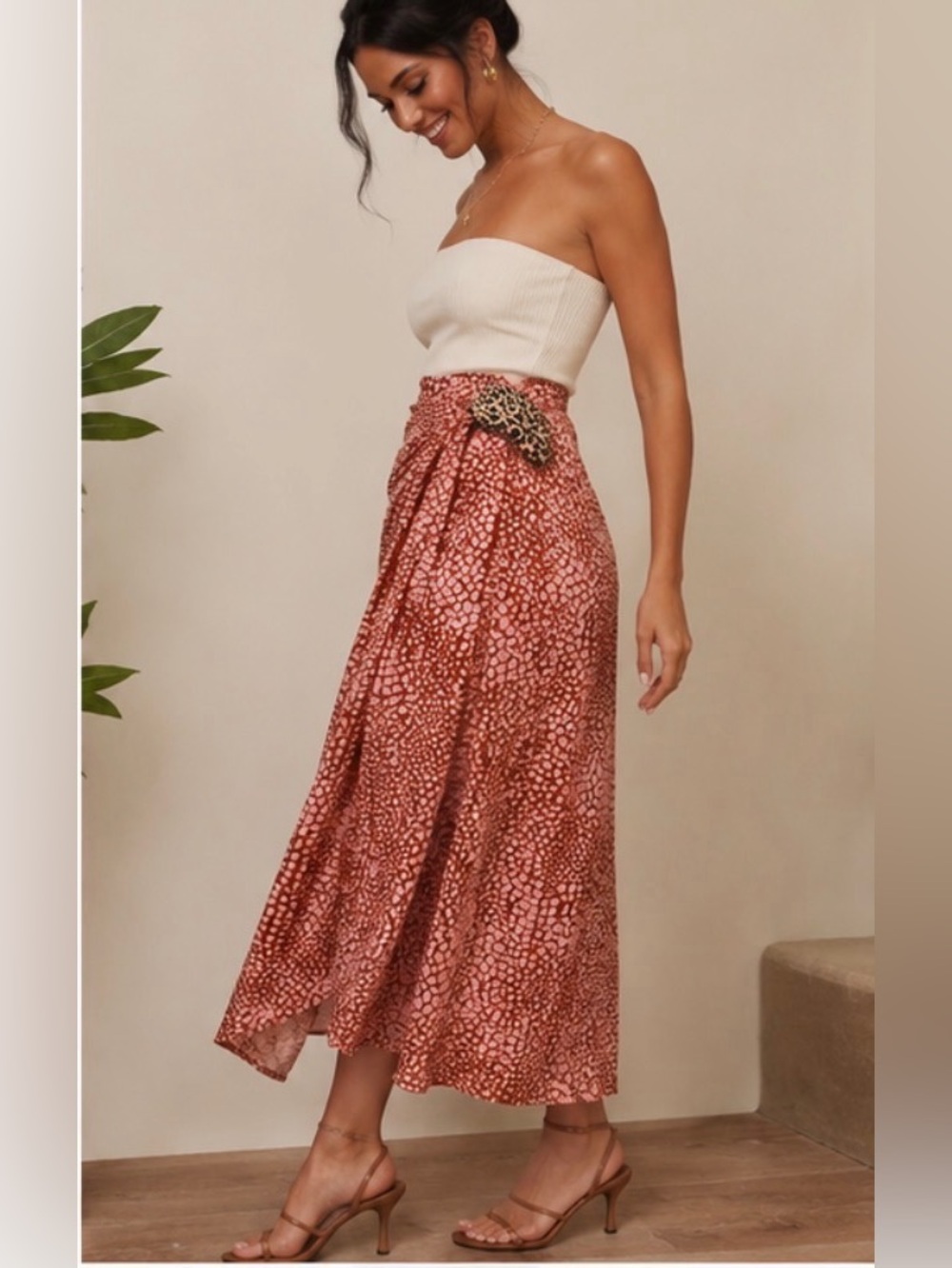 Anthropologie Brown & Pink Animal Print Wrap Midi Skirt Size 10 - Picture 3 of 7